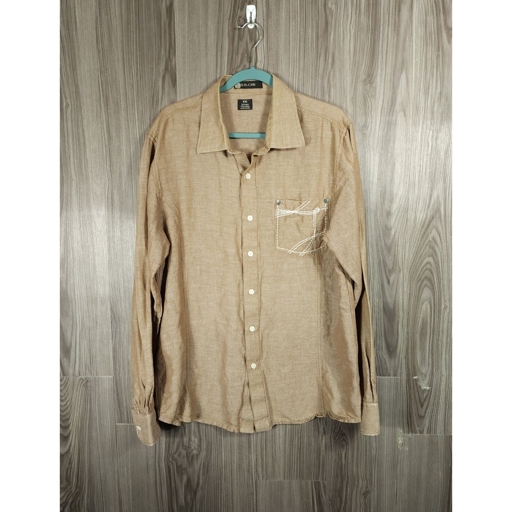 Sean John Mens‎ XXL Linen Cotton Tan Long Sleeve Button Down Shirt Contrast Stch